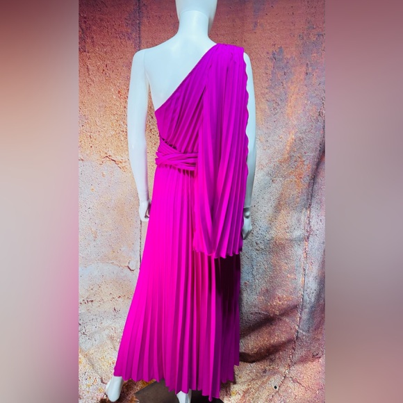 Elegant Large One-Shoulder Pleated Hot Pink Dress - Picture 5 of 7